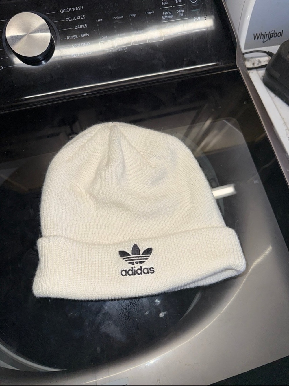 adidas Cream Knit Beanie with Fold Cuff
